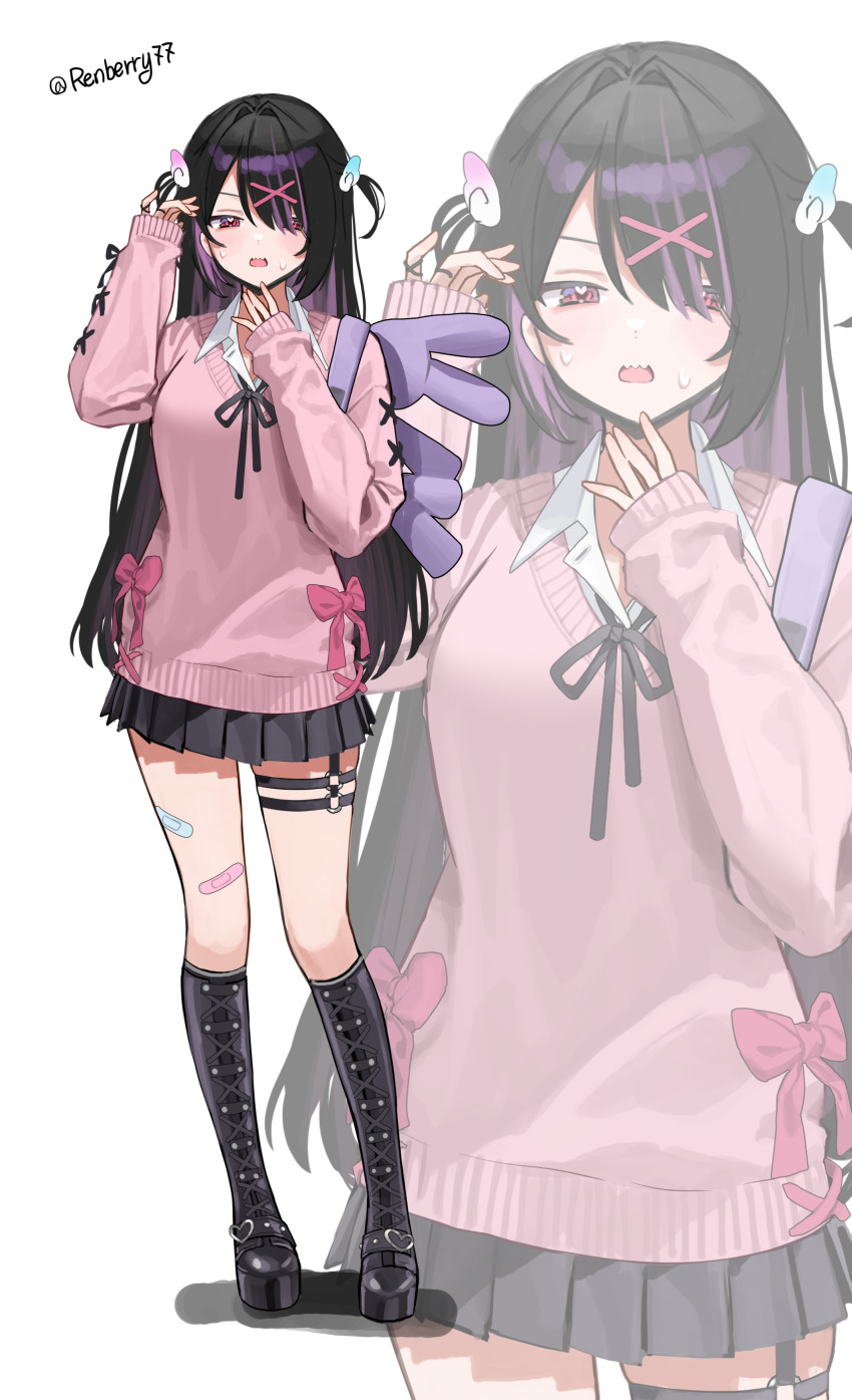 1girl absurdres backpack bag bandaid bandaid_on_leg black_boots black_ribbon black_skirt blush boots bow commentary full_body hair_ornament hair_over_one_eye hands_up highres knee_boots long_hair long_sleeves miniskirt multicolored_hair multiple_thigh_straps neck_ribbon open_mouth original pink_sweater pleated_skirt purple_eyes purple_hair red_bow renberry77 ribbon school_uniform simple_background skirt solo standing sweat sweater symbol-only_commentary twitter_username two-tone_hair two_side_up white_background wing_collar wing_hair_ornament x_hair_ornament zoom_layer