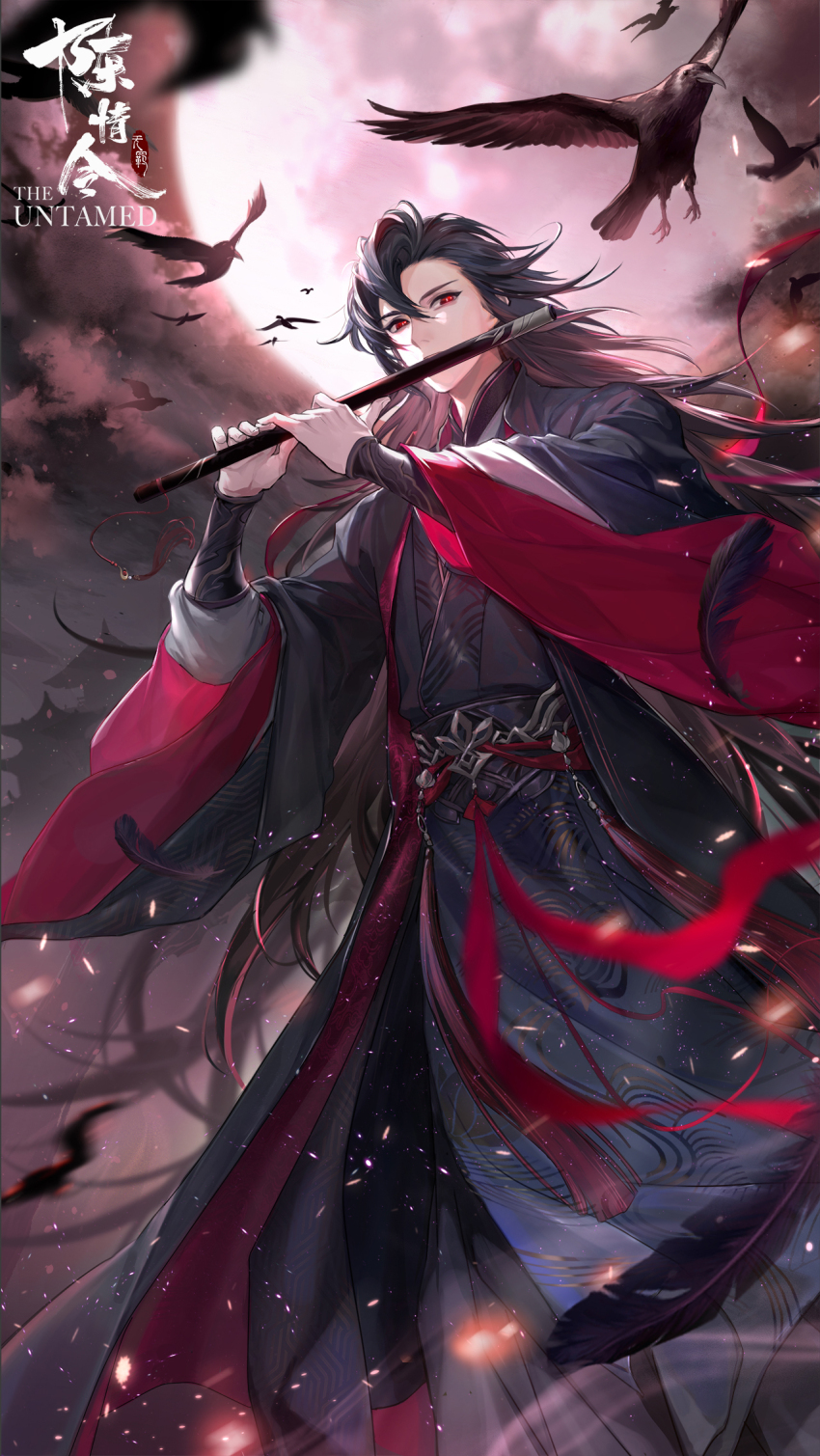 1boy bird black_bird black_coat black_feathers black_hair black_hanfu black_smoke blurry blurry_foreground chen_qing_ling chinese_clothes chinese_commentary cloud coat copyright_name crow depth_of_field dizi embers falling_feathers feathers flute flute_tassel full_moon hair_down hair_ribbon half_updo hanfu highres holding holding_flute holding_instrument instrument long_hair long_sleeves looking_at_viewer male_focus modao_zushi moon music night night_sky official_alternate_costume official_alternate_hairstyle official_art open_clothes open_coat outdoors playing_flute playing_instrument red_eyes red_ribbon red_sash ribbon robe sash sky smoke solo standing tassel transverse_flute wei_wuxian wei_wuxian_(yiling_laozu) wide_sleeves