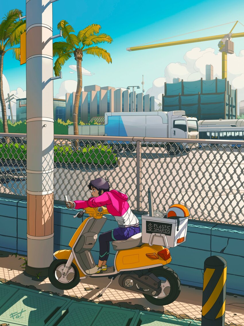 1girl absurdres black_hair black_leggings blue_sky bollard box_truck building bus bush cellphone chain-link_fence cloud commentary construction_site crane_(machine) dappled_sunlight day english_commentary fence full_body helmet highres holding holding_phone hood hoodie leggings looking_at_phone matt_laskowski motor_vehicle on_scooter original outdoors palm_tree pavement phone pink_hoodie power_lines profile purple_shorts radio_antenna scooter short_hair shorts signature sky smartphone solo sunlight tree truck two-tone_hoodie unworn_headwear unworn_helmet utility_pole watermark web_address white_footwear