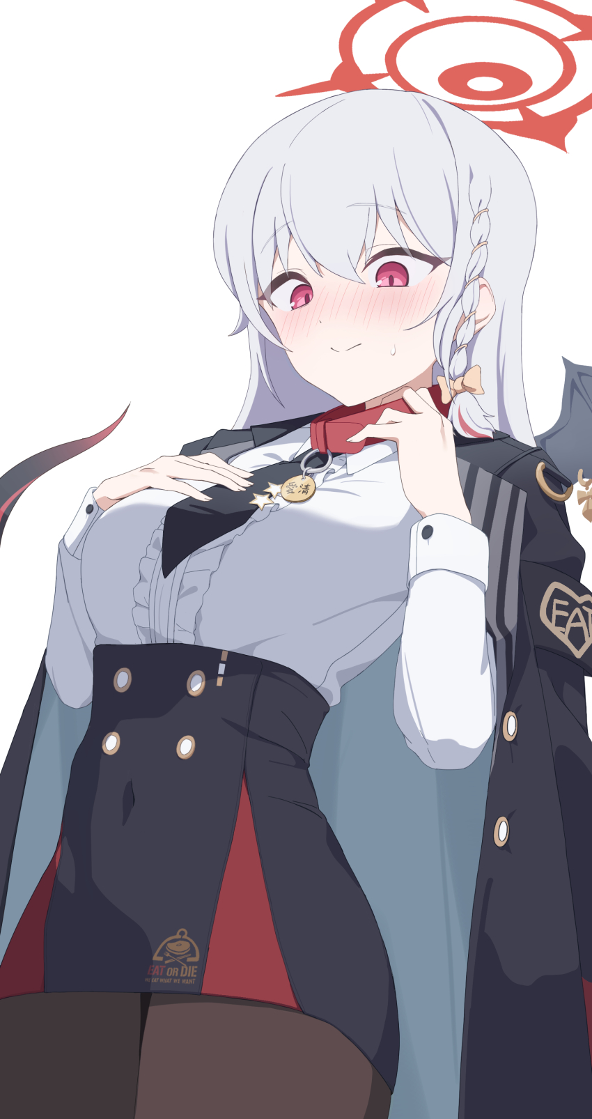 1girl absurdres animal_collar black_jacket black_necktie black_pantyhose black_skirt blue_archive blush bow braid breasts buttons collar covered_navel from_below grey_hair hair_bow halo hand_on_own_chest haruna_(blue_archive) highres jacket jacket_on_shoulders large_breasts long_hair looking_down necktie pantyhose pet red_eyes red_halo same_(samefgo) shirt shirt_tucked_in shy simple_background single_braid single_wing skirt smile solo tail white_background white_shirt wings yellow_bow