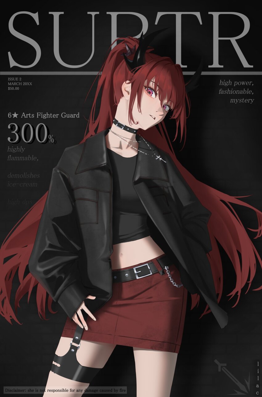 1girl absurdres arknights belt black_background black_choker black_horns black_jacket character_name choker contrapposto cover cowboy_shot crop_top delinquent english_text fake_magazine_cover highres horns jacket jewelry long_hair looking_at_viewer magazine_cover miniskirt necklace official_alternate_costume pencil_skirt purple_eyes red_hair red_skirt revision skirt standing star_(symbol) surtr_(arknights) surtr_(liberte_echec)_(arknights) the_other_lilac