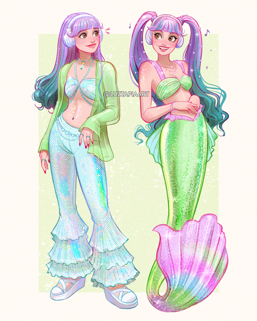 2girls artist_name bell-bottoms blue_bra blue_pants bra brown_eyes gradient_hair green_bra green_hair green_shirt highres jewelry lila_(luztapiaart) long_hair looking_at_another luztapiaart mermaid monster_girl multicolored_hair multiple_girls navel open_clothes open_shirt original pants purple_hair red_nails ring shirt shoes twintails underwear watermark white_shoes