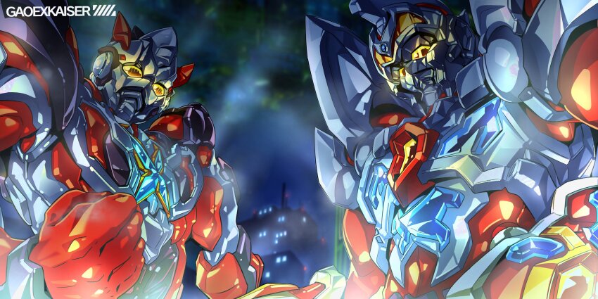 2boys absurdres alien artist_name clenched_hand commentary company_connection crossover english_commentary gao_ex_kaiser glowing glowing_eyes gridman_(ssss) gridman_universe highres looking_at_viewer looking_down male_focus multiple_boys orange_eyes science_fiction ssss.gridman tokusatsu tsuburaya_productions ultra_series ultraman_x ultraman_x_(series) upper_body