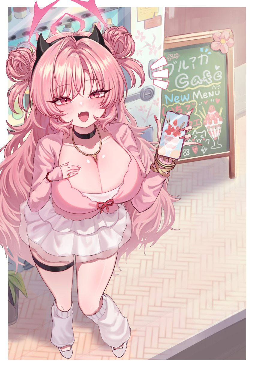 1girl absurdres alternate_costume black_choker black_horns blue_archive blush border bracelet breasts choker cici_(choiyan) cleavage double_bun fake_horns fang from_above gyaru hair_bun halo highres horn_hairband horns jewelry kirara_(blue_archive) large_breasts long_hair looking_at_viewer loose_socks open_mouth pink_eyes pink_hair pink_halo ring skirt socks solo standing thigh_strap very_long_hair white_border white_skirt white_socks