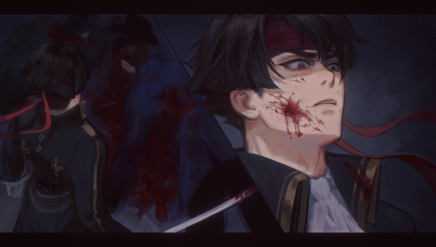 3boys ace_attorney ascot black_coat black_hair black_pants blood blood_on_clothes blood_on_face blue_shirt brown_eyes coat commentary corpse english_commentary gloves headband highres holding holding_sword holding_weapon kaze_(yznyttdgs) kazuma_asogi letterboxed long_sleeves male_focus multiple_boys pants red_headband shirt short_hair sword the_great_ace_attorney weapon white_ascot white_gloves