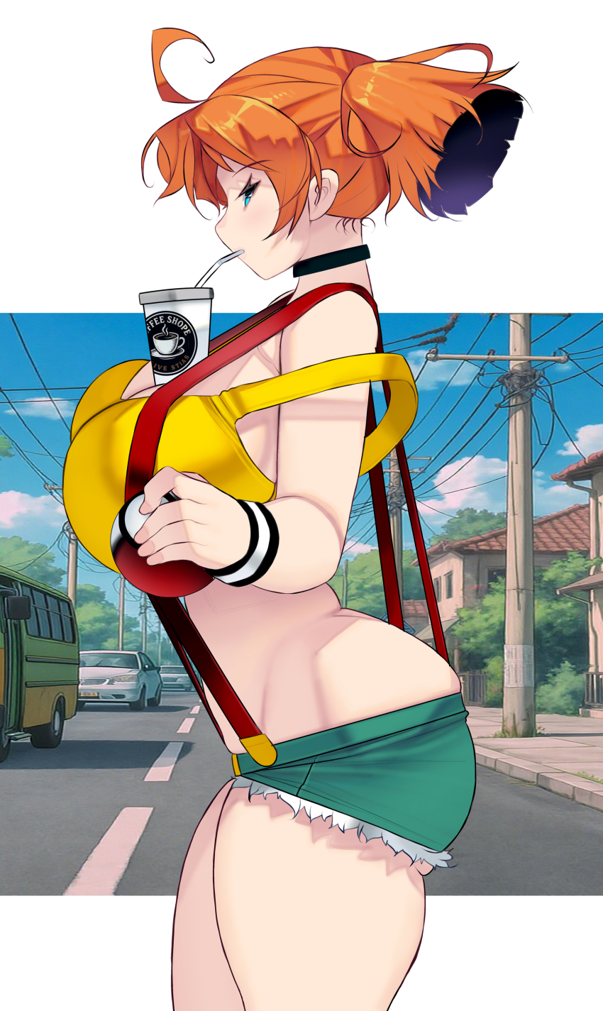 1girl ahoge aqua_shorts ass bare_shoulders between_breasts black_choker blue_eyes breasts bubble_tea bubble_tea_challenge bursting_breasts car choker crop_top crosswalk cup curvy cutoffs day denim denim_shorts disposable_cup drink drinking drinking_straw drinking_straw_in_mouth from_side green_shorts holding holding_poke_ball house huge_ass huge_breasts kouno_(masao) large_breasts midriff misty_(pokemon) motor_vehicle nintendo object_on_breast orange_hair outdoors outside_border poke_ball poke_ball_(basic) pokemon pokemon_(anime) pokemon_(classic_anime) pokemon_rgby road shirt short_hair short_shorts shorts side_ponytail sidewalk skindentation sky solo standing strap_slip street suspender_shorts suspenders tank_top thick_thighs thighs twintails undersized_clothes utility_pole wristband yellow_shirt
