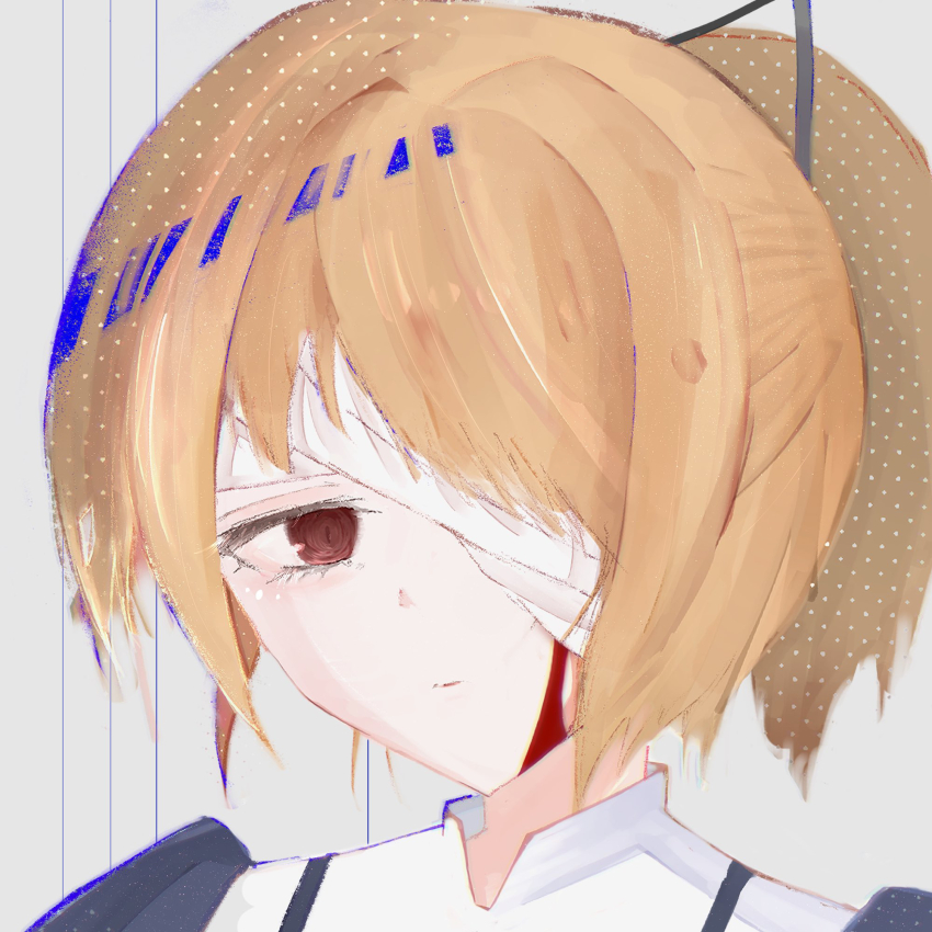 1girl andou_tazusa assault_lily bandage_over_one_eye black_ribbon blonde_hair blood blood_on_face closed_mouth commentary_request grey_background hair_over_one_eye hair_ribbon halftone highres looking_at_viewer on_(phantasm_flower) one_eye_covered ponytail portrait red_eyes ribbon school_uniform short_hair solo striped_background yurigaoka_girls_academy_school_uniform