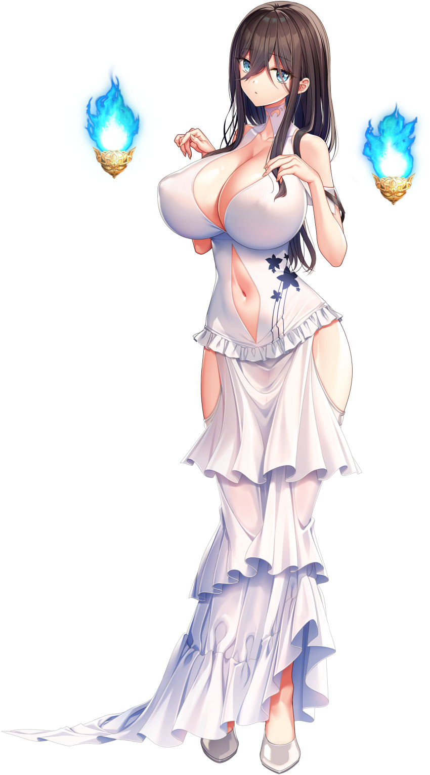 1girl absurdres akagi_rio anastasia_mysterante blue_eyes blue_fire breasts brown_hair cleavage cleavage_cutout closed_mouth clothing_cutout dress fire floral_print hair_between_eyes highres huge_breasts long_hair looking_at_viewer low_ponytail motto!_haramase!_honoo_no_oppai_isekai_oppai_maid_gakuen! navel_cutout official_art ponytail transparent_background white_dress