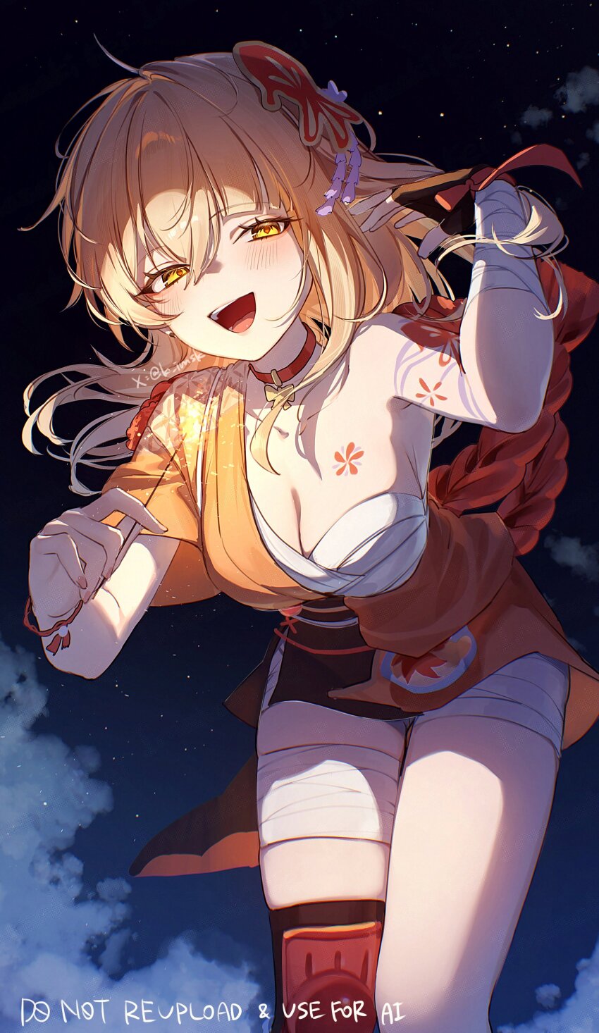 1girl absurdres alternate_hairstyle arm_tattoo bandaged_arm bandaged_leg bandages black_thighhighs blonde_hair breasts chest_sarashi cleavage cloud floating_hair genshin_impact hair_between_eyes hand_up hand_wraps highres holding holding_fireworks imasaki_kei japanese_clothes looking_at_viewer medium_hair night night_sky open_mouth outdoors sarashi short_sleeves single_bare_shoulder single_sleeve single_thighhigh sky smile solo star_(sky) starry_sky tattoo teeth thighhighs twitter_username yellow_eyes yoimiya_(genshin_impact)