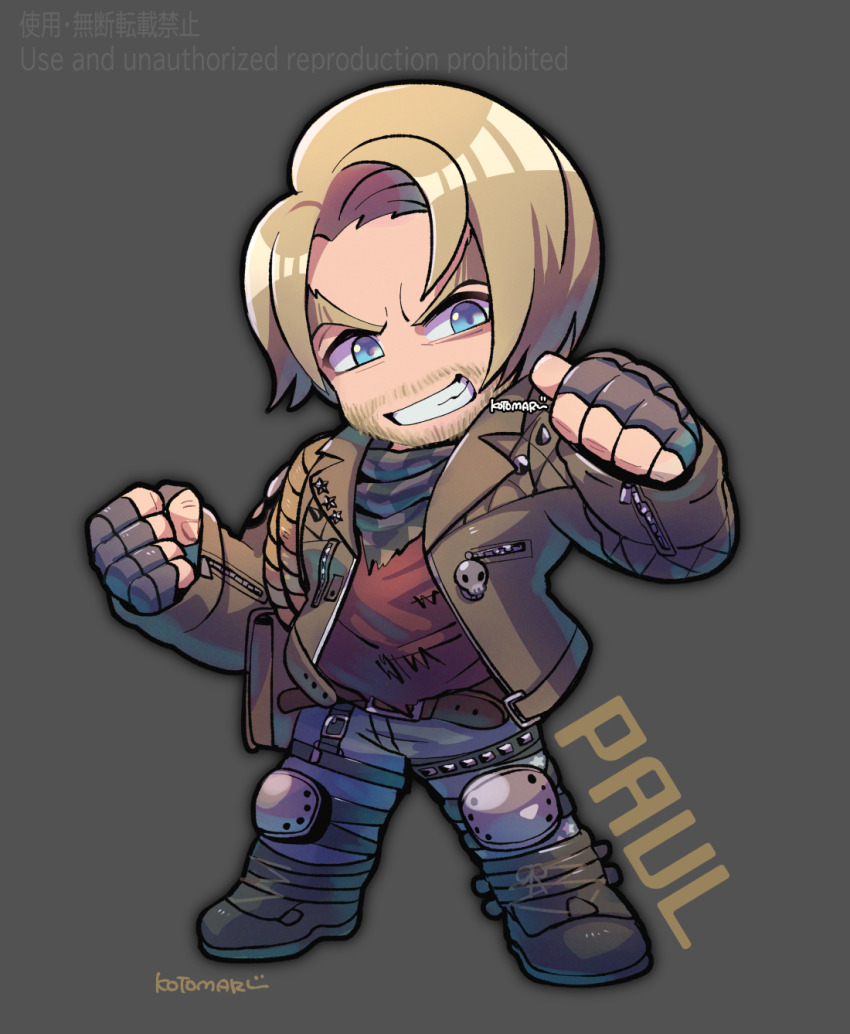 1boy bandana bandana_around_neck beard belt black_footwear black_gloves blonde_facial_hair blonde_hair brown_jacket character_name chinese_text clenched_hand facial_hair fingernails full_body gloves grey_background grin highres jacket knee_pads kotorai long_sleeves male_focus no_nose paul_phoenix red_shirt shirt short_hair signature simple_background skull_ornament smile solo tekken tekken_8 thick_eyebrows translation_request