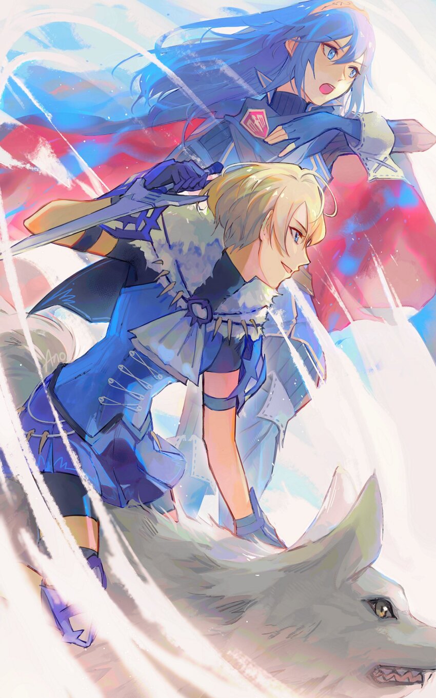 2girls animal anocurry ascot blonde_hair blue_cape blue_eyes blue_gloves blue_hair blue_shorts blue_skirt blue_sweater cape commentary english_commentary fake_tail fire_emblem fire_emblem_awakening fire_emblem_engage floating_hair fur-trimmed_cape fur_trim gloves hair_between_eyes highres holding holding_knife holding_weapon knife long_hair long_sleeves lucina_(fire_emblem) merrin_(fire_emblem) miniskirt multiple_girls nintendo open_mouth profile red_cape ribbed_sweater riding riding_animal short_sleeves shorts shorts_under_skirt skirt smile sweater tail tiara turtleneck turtleneck_sweater two-tone_cape weapon white_ascot white_cape wolf wolf_tail yellow_eyes