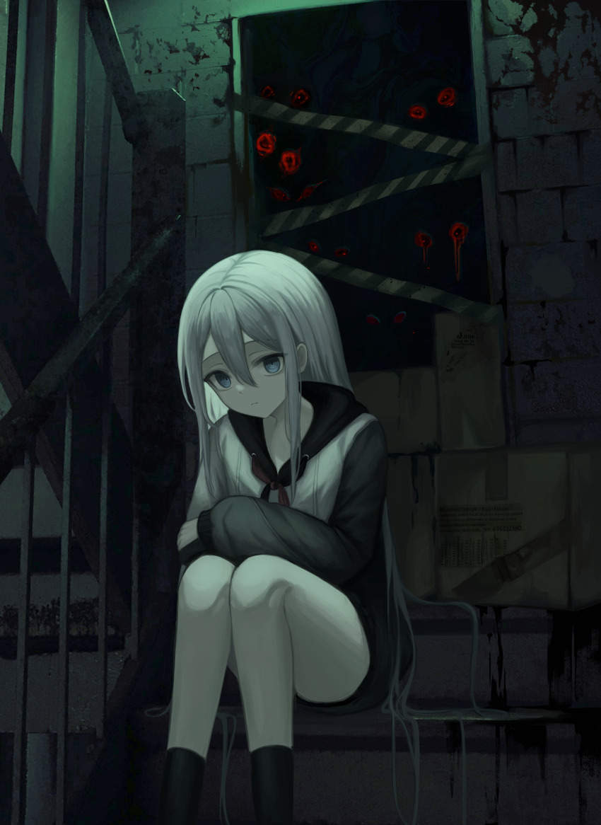 1girl absurdres black_sleeves black_socks blue_eyes box cardboard_box closed_mouth commentary_request crossed_arms double-parted_bangs feet_out_of_frame hair_between_eyes highres hood hood_down hoodie horror_(theme) indoors kkamkkam light_frown long_hair looking_at_viewer neckerchief project_sekai railing ringed_eyes single_sidelock sitting sitting_on_stairs socks solo stairs stairwell very_long_hair white_hair white_hoodie yoisaki_kanade
