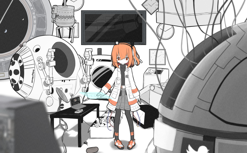 1girl 2001_a_space_odyssey a.i._voice absurdres adachi_rei annotation_request black_pantyhose blurry blurry_foreground box burnt_food cable cardboard_box clock closed_mouth commentary_request computer conveyor_belt copyright_name cracked_screen crt earth_(planet) expressionless grey_skirt hair_ribbon headlamp highres holographic_touchscreen hydraulic_press jacket keith_(djdc8452) laptop looking_at_viewer mawaru_sentaku_net_(utau) netsu_ijou_(utau) one_side_up open_clothes open_jacket orange_eyes orange_hair pan_kogekoge_ni_nacchatta_(utau) pantyhose partially_annotated pigeon-toed planet pleated_skirt porthole radio_antenna reference_request rei_(otonashi_af) ribbon satellite skirt solo spacecraft_interior twitter twitter_bird utau wall_clock washing_machine white_jacket white_ribbon window