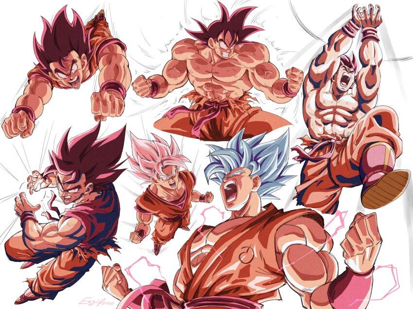 2boys abs absurdres clenched_hands clenched_teeth commentary dougi dragon_ball dragon_ball_super dragonball_z eegiiartto flying highres kamehameha_(dragon_ball) male_focus multiple_boys multiple_persona muscular muscular_male open_mouth son_goku super_saiyan super_saiyan_blue teeth topless_male