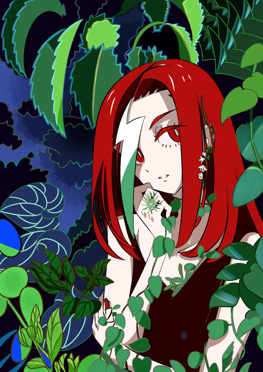 1girl bare_shoulders black_dress bright_pupils dress green_hair hand_on_own_shoulder hand_up highres leaf long_bangs long_hair multicolored_hair original parted_lips plant red_eyes red_hair shirt sleeveless sleeveless_shirt solo tsukaasa white_hair white_pupils