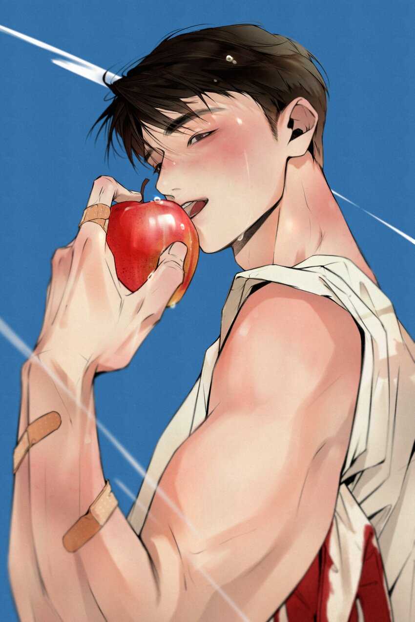 1boy absurdres adam&#039;s_apple bandaid bandaid_on_arm biceps body_blush brown_eyes brown_hair doo0boo0 eyes_visible_through_hair food fruit hair_over_eyes highres holding holding_food holding_fruit looking_at_viewer male_focus muscular muscular_male open_mouth original profile shirt short_hair sleeveless sleeveless_shirt solo sweat teeth upper_body white_shirt