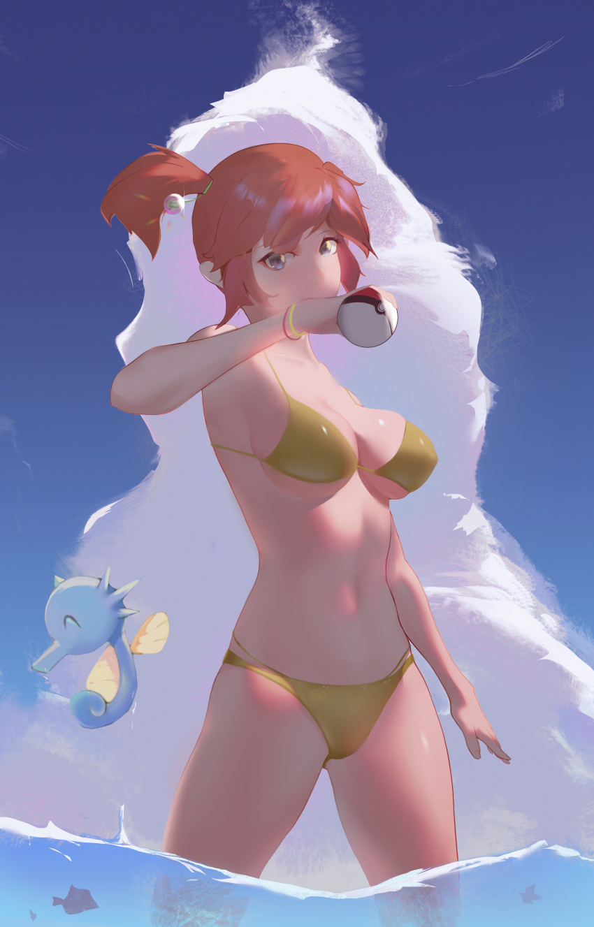 1girl absurdres armpits bare_arms bikini blue_eyes blush breasts cloud eyelashes gen_1_pokemon hair_between_eyes highres holding holding_poke_ball horsea kairs legs medium_breasts misty_(pokemon) navel nintendo nipples orange_hair poke_ball pokemon pokemon_(creature) pokemon_rgby short_hair sky swimsuit thighs water yellow_bikini