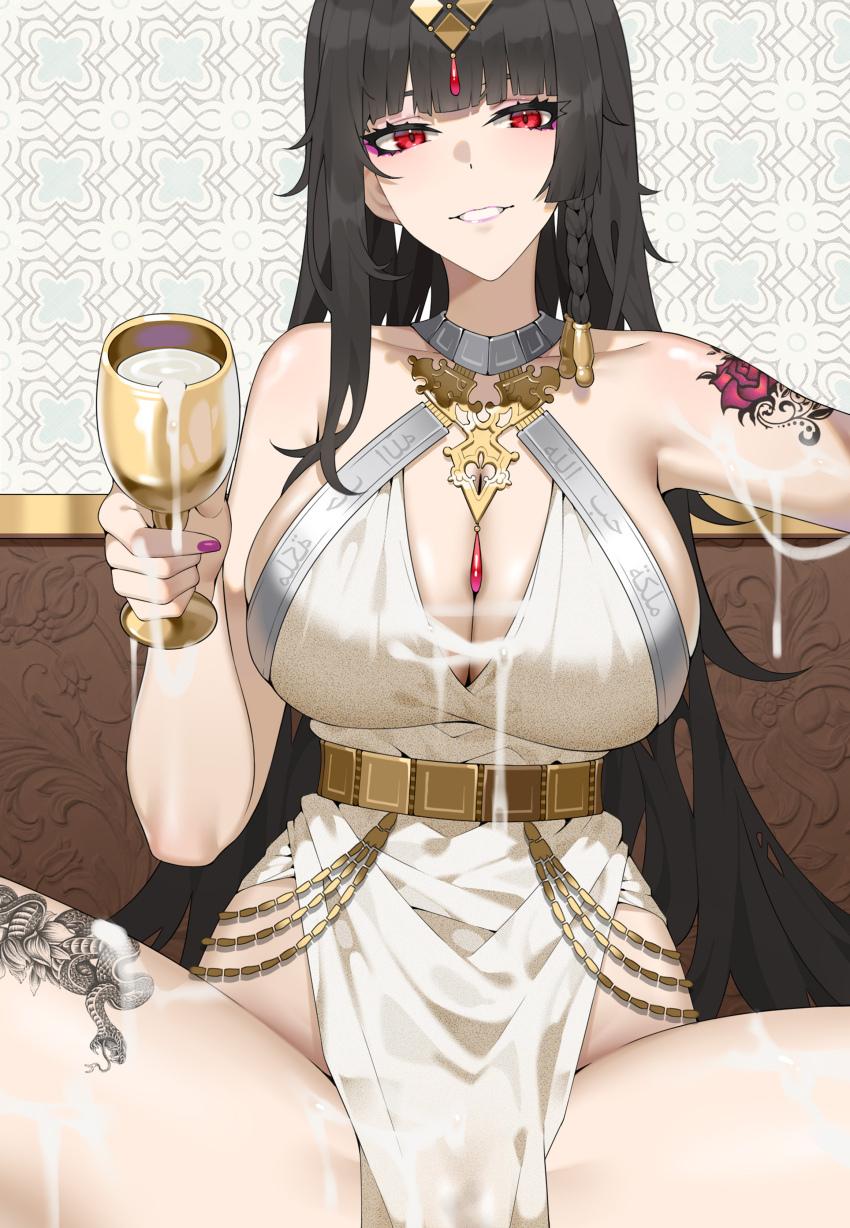 1girl absurdres arm_tattoo black_hair breasts chain cleavage cup dress girdle gold_chain highres holding holding_cup jewelry large_breasts leg_tattoo long_hair necklace original red_eyes smile suggestive_fluid tattoo white_dress wsfw
