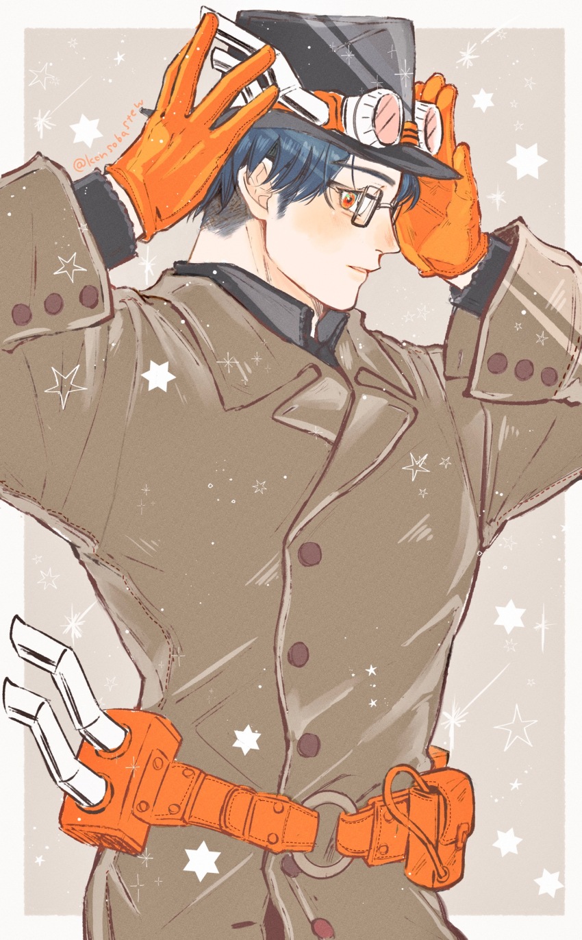1boy absurdres adjusting_clothes adjusting_headwear belt black_hair boku_no_hero_academia coat glasses gloves goggles goggles_on_headwear grey_coat hat highres iida_tenya konsobastew long_sleeves looking_at_viewer male_focus o-ring o-ring_belt orange_belt orange_eyes orange_gloves parted_lips rectangular_eyewear short_hair solo upper_body