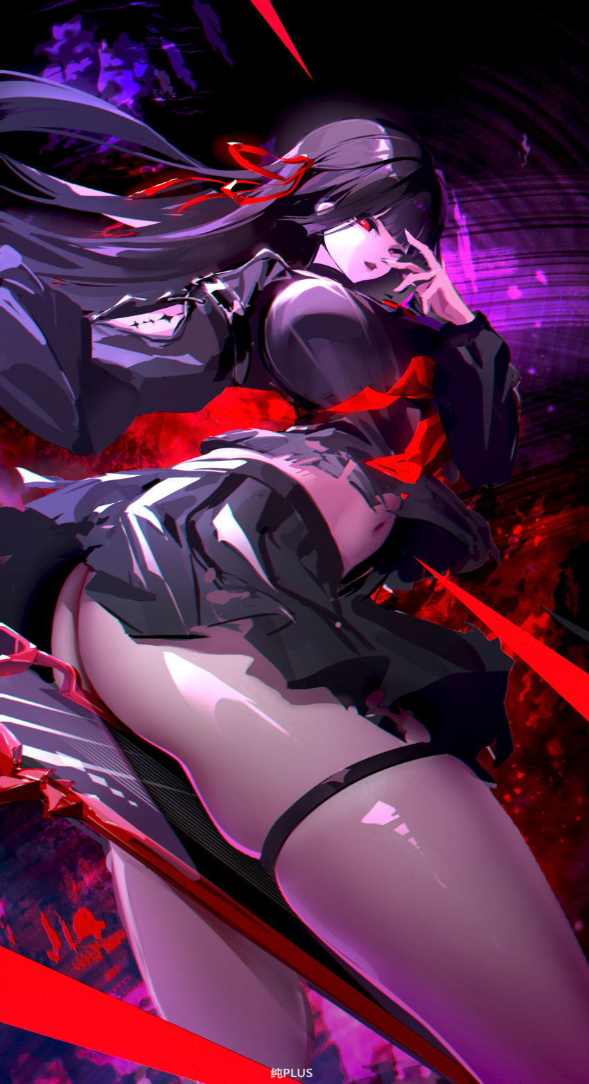 1girl absurdres alternate_breast_size_(larger) arm_cutout ass black_hair black_serafuku black_shirt black_skirt breasts chisa_(wuthering_waves) clothing_cutout commentary_request crop_top feet_out_of_frame fingernails hair_ribbon hand_up highres holding holding_sword holding_weapon large_breasts long_hair long_sleeves looking_at_viewer looking_to_the_side navel neckerchief no_panties open_mouth red_eyes red_neckerchief red_ribbon ribbon school_uniform serafuku shirt shou_xian_wu skirt solo stomach sword tacet_mark_(wuthering_waves) thigh_strap thighs weapon wuthering_waves