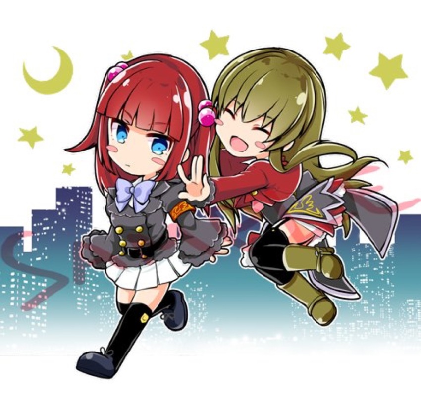 2girls ^_^ akatsuki_hijiri armband black_legwear blue_eyes blush_stickers bow brown_hair chibi closed_eyes crescent_moon garter_straps hair_bobbles hair_ornament mammon_(umineko) moon multiple_girls open_mouth pleated_skirt red_hair sample_watermark skirt skyline smile stakes_of_purgatory star_(symbol) thighhighs two_side_up umineko_no_naku_koro_ni ushiromiya_ange watermark