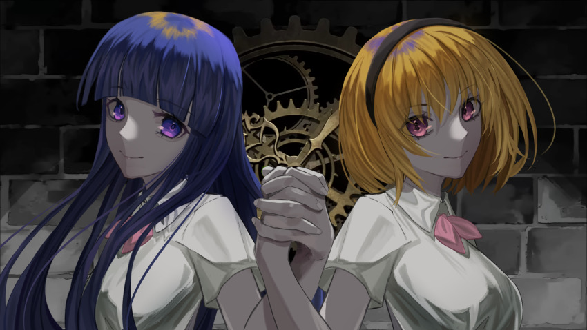 2girls black_hairband blonde_hair blue_hair blunt_bangs bow bowtie closed_mouth furude_rika hairband highres higurashi_no_naku_koro_ni higurashi_no_naku_koro_ni_gou holding_hands houjou_satoko interlocked_fingers long_hair looking_at_viewer mimamimuuu multiple_girls pink_bow pink_bowtie pink_eyes purple_eyes shirt short_hair short_sleeves smile upper_body white_shirt