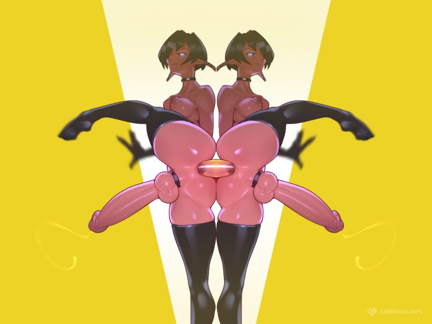 2futa anus black_gloves black_thighhighs blue_eyes breasts choker cock_ring colored_skin cowboy_shot dildo double_dildo dual_persona futa_without_pussy futanari gloves glowing glowing_eye large_penis medium_breasts multiple_futa nipples original penis precum precum_string red_skin sex_toy tailbox testicles thighhighs transparent_dildo