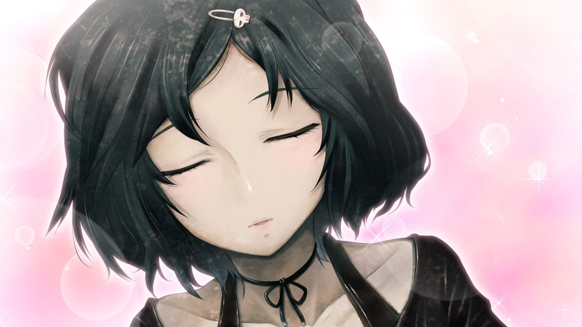 1boy black_hair black_ribbon black_shirt blurry bob_cut bokeh casual choker collarbone depth_of_field dutch_angle facing_viewer game_cg goth_fashion hair_ornament hairclip highres huke imminent_kiss light_blush non-web_source official_art open_mouth pink_background pink_lips puffy_short_sleeves puffy_sleeves ribbon ribbon_choker shirt short_sleeves skull_hair_ornament solo steins;gate steins;gate:_my_darling&#039;s_embrace tank_top tongue trap urushibara_ruka