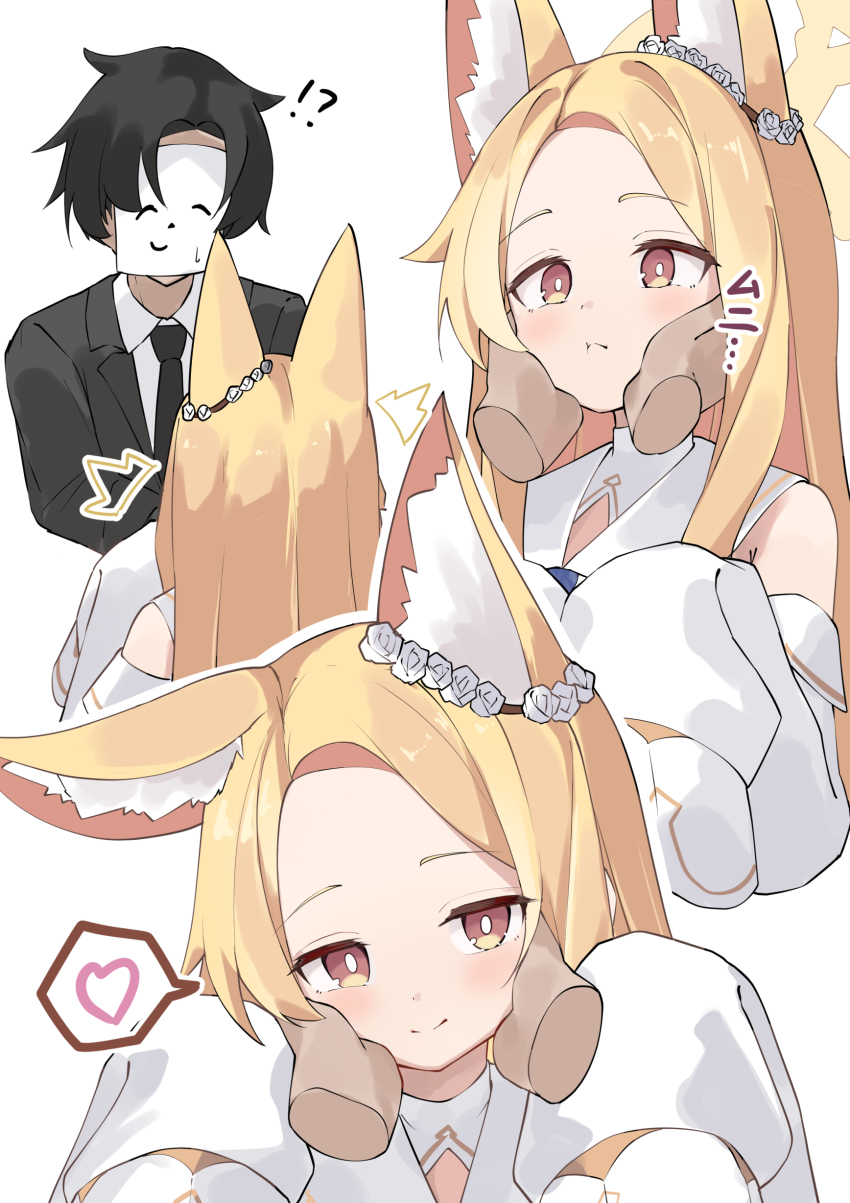 !? absurdres animal_ear_fluff animal_ears black_hair black_jacket black_necktie blonde_hair blue_archive blush closed_mouth detached_sleeves disembodied_hand doodle_sensei_(blue_archive) dress flower forehead fox_ears fox_girl hair_flower hair_ornament hands_on_another&#039;s_cheeks hands_on_another&#039;s_face heart highres jacket long_hair looking_at_another looking_at_viewer necktie osmium-76 pink_eyes seia_(blue_archive) sensei_(blue_archive) shirt short_hair sidelocks sleeves_past_fingers sleeves_past_wrists smile white_dress white_flower white_shirt