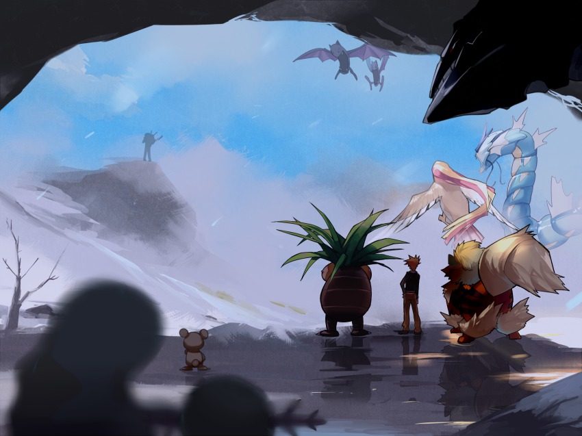 00s 2boys arcanine blue_oak blue_oak_(pokemon_hgss) blurry brown_hair cave cloud depth_of_field e_volution exeggutor from_behind gen_1_pokemon gen_2_pokemon golbat gyarados highres ice multiple_boys nintendo pidgeot pikachu pokemon pokemon_(creature) pokemon_hgss quagsire red_(pokemon) red_(pokemon_frlg) reflection snowing steelix teddiursa wooper
