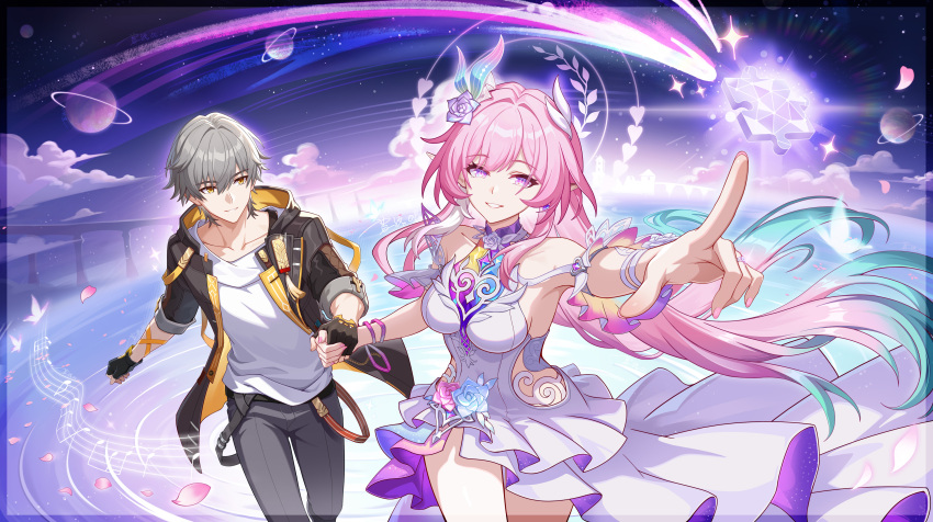 1boy 1girl absurdres aqua_hair black_coat black_gloves black_pants breasts caelus_(honkai:_star_rail) chinese_commentary coat commentary_request cyrene_(honkai:_star_rail) cyrene_(ripples_of_past_reverie)_(honkai:_star_rail) diamond-shaped_pupils diamond_(shape) dress fingerless_gloves flower gloves grey_hair hair_flower hair_ornament halo highres holding_hands honkai:_star_rail honkai_(series) lantian_ol large_breasts long_hair multicolored_hair pants parted_lips pink_hair planet planetary_ring purple_eyes puzzle_piece shirt short_hair smile symbol-shaped_pupils thighs trailblazer_(honkai:_star_rail) very_long_hair white_dress white_hair white_shirt yellow_eyes