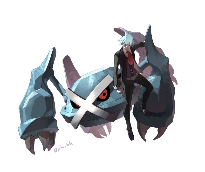 1boy aqua_hair ascot black_footwear black_jacket black_pants claws collared_shirt commentary_request gen_3_pokemon highres jacket jako_(boke_poke) jewelry long_sleeves male_focus metagross nintendo outstretched_arm pants pokemon pokemon_(creature) pokemon_oras purple_vest red_ascot ring shirt shoes short_hair steven_stone twitter_username vest white_background white_shirt