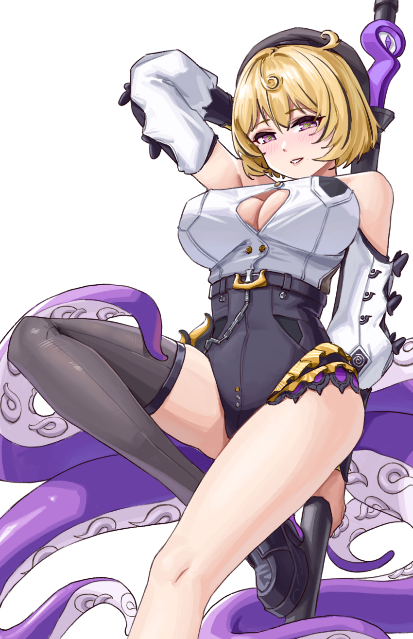 1girl arm_up bare_shoulders beret black_shorts blonde_hair breasts cleavage cleavage_cutout clothing_cutout commentary_request detached_sleeves hair_between_eyes hat high-waist_shorts highres holding holding_polearm holding_weapon hp1598 large_breasts looking_at_viewer monster_girl polearm purple_eyes scylla shirt short_hair shorts simple_background smile solo tentacle_girl tentacles thighs weapon white_background white_shirt yidhari_murphy zenless_zone_zero