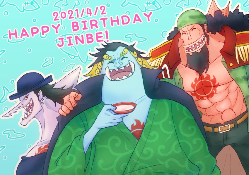 3boys ^_^ abs arlong beard belt black_hair blonde_hair blue_skin chest_tattoo closed_eyes coat colored_skin commentary_request cup dated earrings epaulettes facial_hair fisher_tiger fj_sakiy green_kimono happy_birthday hat highres holding holding_cup japanese_clothes jewelry jinbe_(one_piece) kimono long_hair long_nose male_focus multiple_boys one_piece open_clothes open_coat red_skin sharp_teeth sideburns tattoo teeth