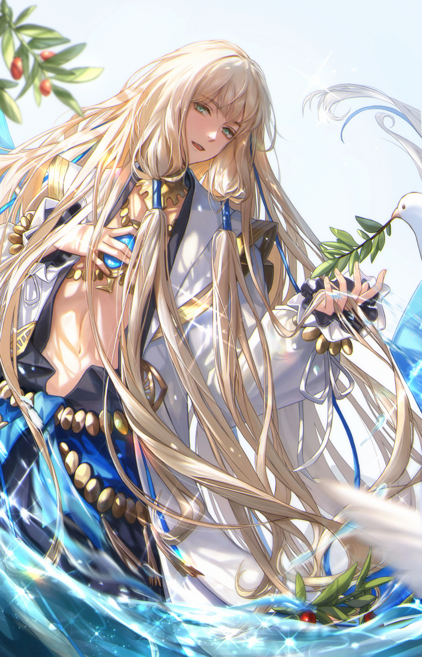 absurdres bird blonde_hair fate/grand_order fate/grand_order_arcade fate_(series) green_eyes highres long_hair long_sleeves low-tied_long_hair nemo_(fate) noah_(fate) open_clothes qingyuan water white_bird