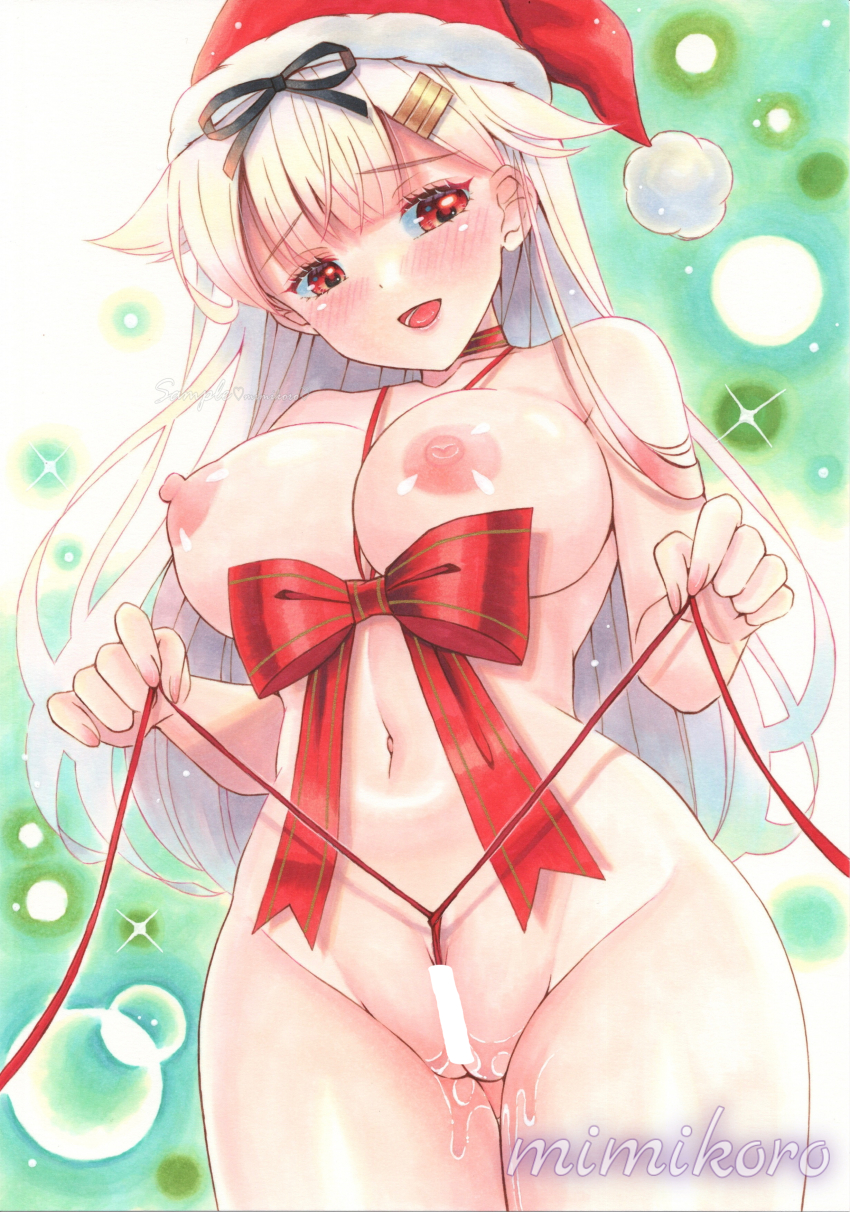 1girl absurdres artist_name bar_censor blonde_hair blush breasts censored choker commentary_request cowboy_shot hair_flaps hair_ornament hairclip hat highres kantai_collection large_breasts long_hair looking_at_viewer mimikuro navel nipples nude open_mouth pussy pussy_juice red_eyes red_hat red_ribbon ribbon ribbon_between_breasts ribbon_choker santa_hat skindentation solo stomach traditional_media yuudachi_(kancolle) yuudachi_kai_ni_(kancolle)