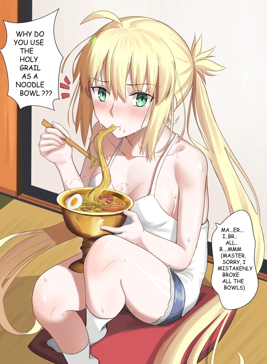 1girl absurdres ahoge alternate_costume artoria_caster_(fate) artoria_pendragon_(fate) bare_shoulders blue_shorts casual commentary eating english_commentary fate/grand_order fate_(series) food green_eyes highres holy_grail_(fate) indoors long_hair longdq3008 no_shoes shirt short_shorts shorts sitting sleeveless sleeveless_shirt socks solo twintails very_long_hair white_shirt white_socks