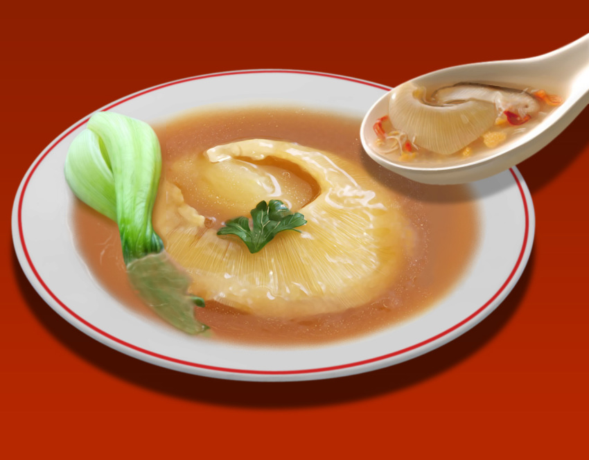 food food_focus food_request garnish no_humans original plate realistic red_background shark_fin_soup simple_background soup spoon still_life toshi_(hokkaido2015) vegetable
