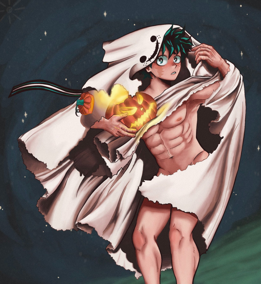 abs bare_legs boku_no_hero_academia completely_nude freckles ghost_costume green_eyes green_hair legs messy_hair midoriya_izuku nude pectorals pumpkin queerwitha_pen scar shounen_jump