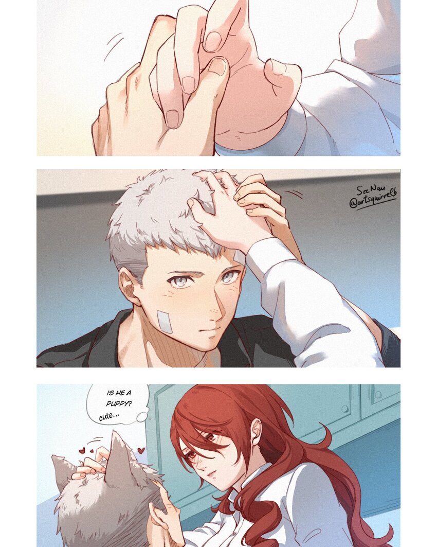 1boy 1girl animal_ears bandaid bandaid_on_cheek bandaid_on_face bandaid_on_forehead black_shirt blush closed_mouth commentary couple dog_ears drill_hair drill_sidelocks english_commentary english_text grey_eyes grey_hair hair_between_eyes hand_on_another&#039;s_head headpat heart highres holding_hands indoors kirijou_mitsuru long_hair long_sleeves looking_at_another motion_lines persona persona_3 red_eyes red_hair red_lips sanada_akihiko sequential shirt short_hair sidelocks single_drill single_sidelock soc_nau speech_bubble thought_bubble twitter_username upper_body white_shirt