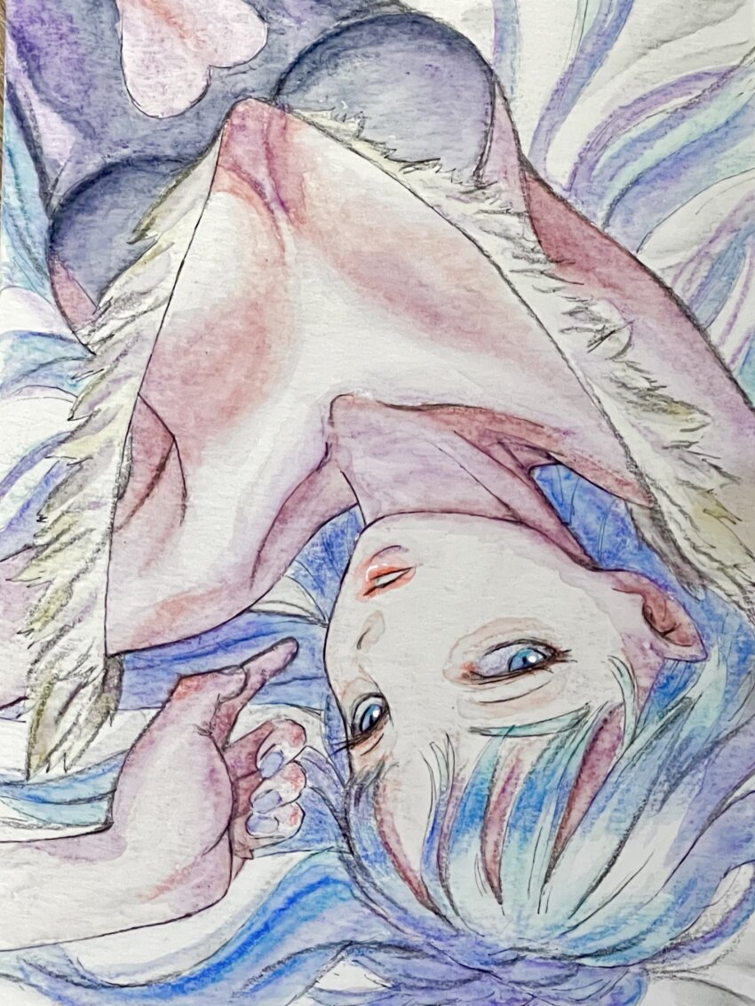 1girl black_leotard blue_hair breasts cleavage clothing_cutout collarbone darkstalkers heart_cutout highres leotard long_hair looking_at_viewer lying morrigan_aensland on_back painting_(medium) parted_lips solo sukerock360 traditional_media watercolor_(medium)