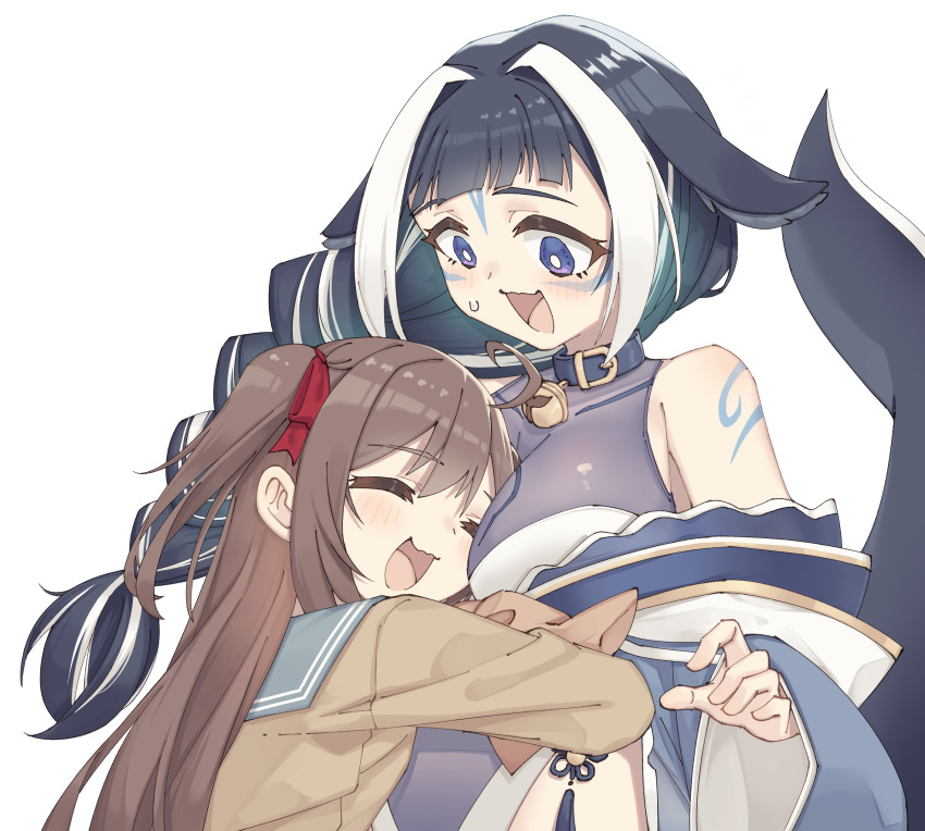 2girls :d =_= absurdres ahoge animal_collar animal_ears bare_shoulders bell belt_collar between_breasts black_hair blue_collar blue_eyes blue_sailor_collar blunt_bangs blush body_markings braid braided_ponytail breast_pillow breasts bright_pupils brown_cardigan brown_hair cardigan cetacean_tail cleavage collar criss-cross_halter detached_sleeves facial_mark fins fish_tail flustered hair_between_eyes halterneck height_difference highres hug indie_virtual_youtuber large_breasts live2d_inc. long_hair momose_hiyori multicolored_hair multiple_girls neck_bell neuro-sama one-piece_swimsuit open_mouth orca_girl purple_eyes rune_(dualhart) sailor_collar school_uniform see-through_clothes see-through_cleavage see-through_swimsuit shylily shylily_(3rd_costume) single_braid smile streaked_hair sweatdrop swimsuit tail transparent_background two_side_up upper_body virtual_youtuber white_hair white_one-piece_swimsuit white_pupils