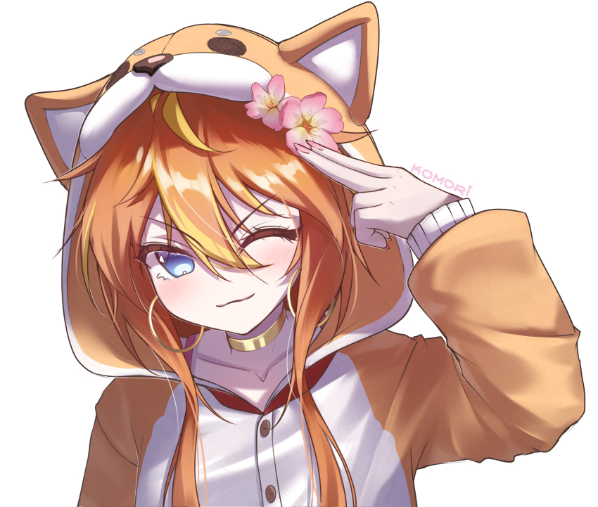 1girl ;) absurdres animal_hood blue_eyes blush buttons collarbone commentary commission double-parted_bangs english_commentary gold_choker highres hood hoodie komori long_eyelashes one_eye_closed orange_hair original pink_nails pointing pointing_at_self sleeves_past_wrists smile upper_body white_background