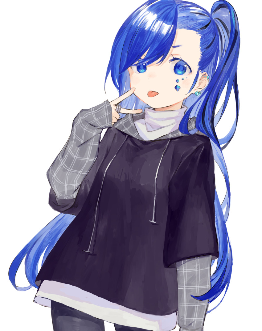 1girl black_hair black_hoodie black_pantyhose blue_eyes blue_hair breasts commentary_request drawstring earrings highres hood hood_down hoodie jewelry karamomo layered_sleeves long_hair long_sleeves looking_at_viewer multicolored_hair original pantyhose ring shirt short_over_long_sleeves short_sleeves simple_background sleeves_past_wrists small_breasts solo streaked_hair tongue tongue_out turtleneck v very_long_hair white_background white_shirt
