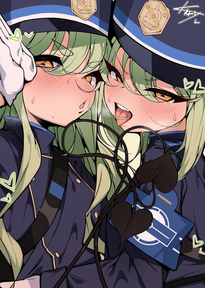2girls :o armband black_hat black_jacket black_tail blue_archive blue_armband blush buttons demon_girl demon_tail drooling gloves green_hair hair_between_eyes half-closed_eyes hand_up hat heavy_breathing hikari_(blue_archive) jacket kkry99 loli long_hair long_sidelocks long_sleeves looking_at_viewer multiple_girls nozomi_(blue_archive) open_mouth peaked_cap siblings sidelocks signature sisters sweat sweatdrop tail teeth thick_eyebrows tongue tongue_out twins upper_teeth_only very_long_hair white_gloves yellow_eyes
