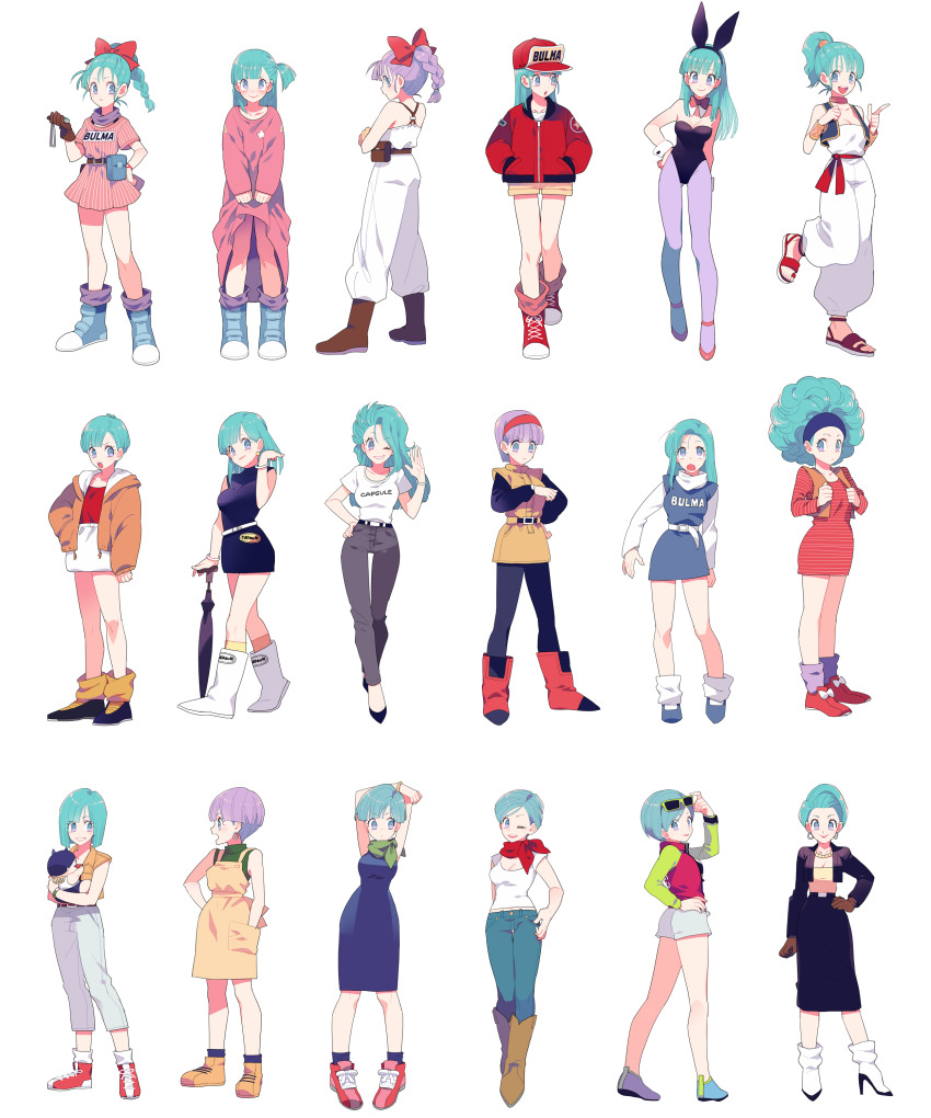 1boy 1girl :d absurdres afro age_progression alternate_costume alternate_hairstyle animal_ears baby bare_shoulders black_dress blue_eyes blue_hair boots bracelet braid braided_ponytail breasts brown_gloves bulma cleavage closed_umbrella clothes_lift commentary_request dragon_ball dragon_ball_(classic) dragon_ball_super dragon_ball_super_broly dragonball_z dress dress_lift earrings eyewear_on_head fake_animal_ears gloves grey_pantyhose gum_(gmng) hair_ribbon hairband hand_on_own_hip hands_in_pockets hat high_ponytail highres hood hoodie jacket jewelry lace-up_boots leg_up leotard long_hair looking_at_viewer medium_breasts mother_and_son multiple_persona name_tag open_mouth pantyhose planted planted_umbrella playboy_bunny ponytail purple_hair rabbit_ears ribbon scarf shoes short_hair shorts side_ponytail simple_background single_braid single_glove sleeveless sleeveless_dress smile sneakers standing star_(symbol) sunglasses thigh_gap trunks_(dragon_ball) umbrella walking white_background