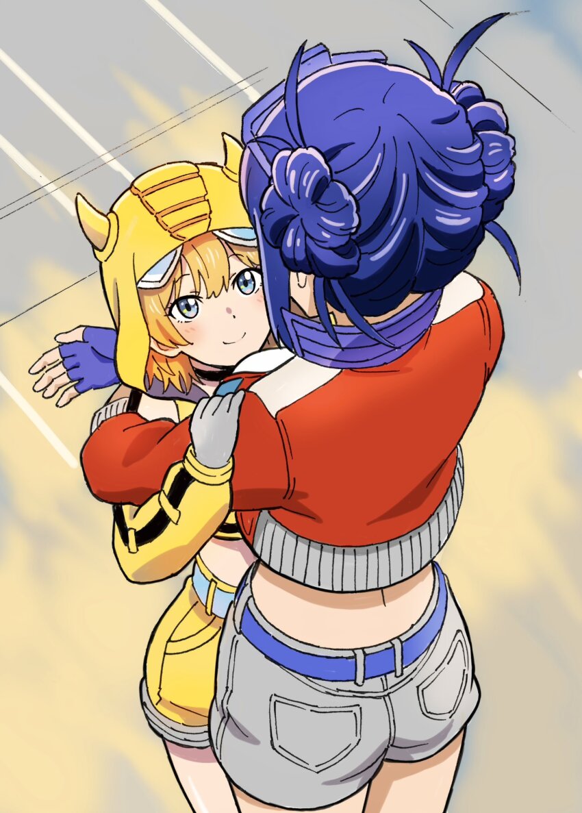 2girls back belt blonde_hair blue_eyes blue_gloves bumblebee_(kotobukiya_bishoujo)_(transformers) bumblebee_(transformers) cowboy_shot cropped_hoodie double_bun eyewear_on_head fingerless_gloves from_above gloves grey_gloves hair_bun highres hood hoodie horned_hood horns hug jacket komagoma kotobukiya_bishoujo looking_at_another multiple_girls optimus_prime optimus_prime_(kotobukiya_bishoujo) personification red_jacket short_hair shorts sleeveless sleeveless_hoodie smile transformers yuri