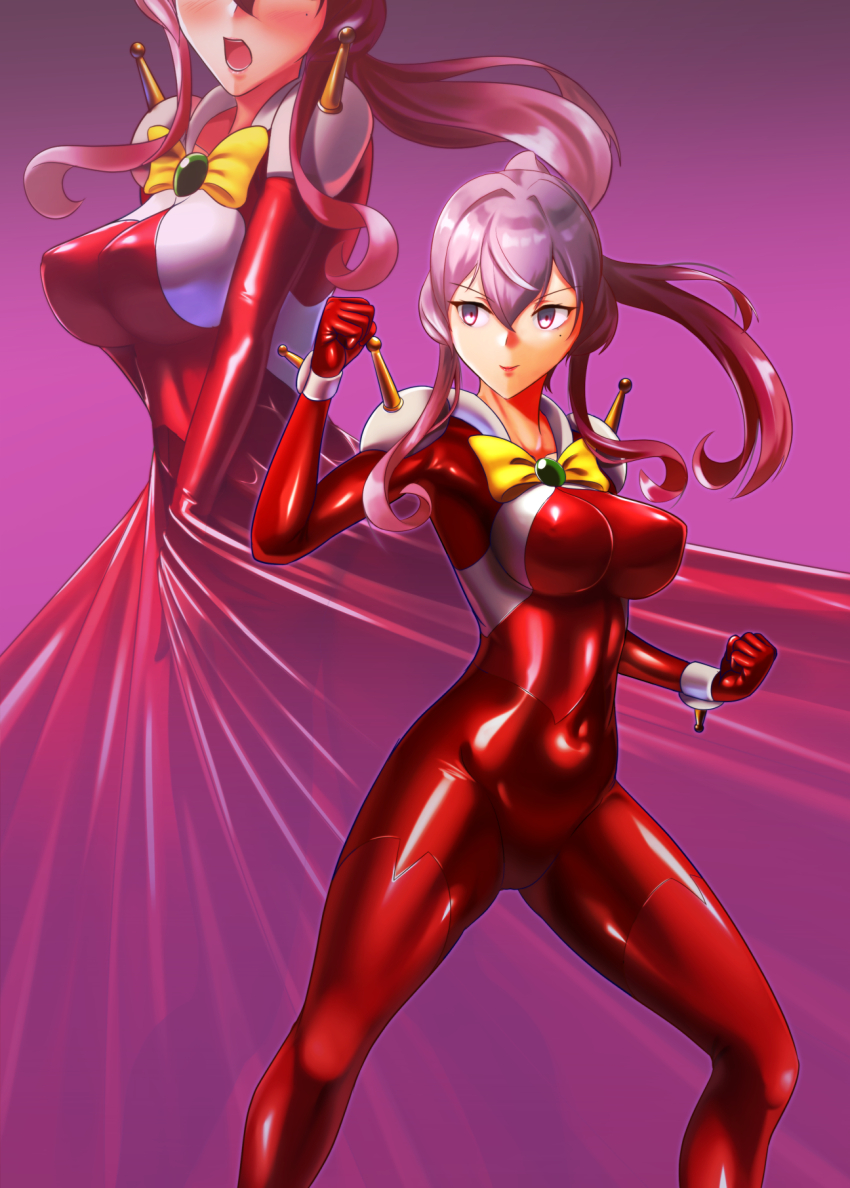 1girl allenby_beardsley allenby_beardsley_(cosplay) bodysuit breasts closed_eyes cosplay covered_erect_nipples covered_navel gotland_(kancolle) gradient_background highres kantai_collection large_breasts looking_at_viewer mecha_pilot_suit mobile_trace_suit multicolored_bodysuit open_mouth pilot_suit pink_background pink_eyes pink_hair red_bodysuit shiny_clothes skin_tight solo wata_nuki zoom_layer