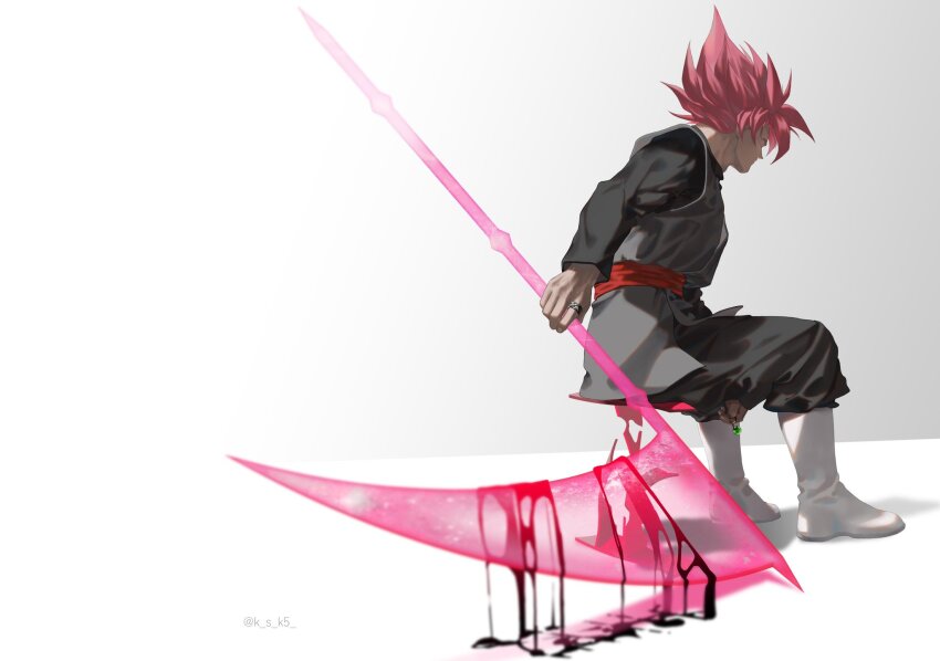 1boy black_pants black_shirt blood bloody_weapon boots closed_mouth commentary_request dougi dragon_ball dragon_ball_super goku_black highres holding holding_scythe holding_weapon invisible_chair ksuke_(k-taro31) long_sleeves male_focus outstretched_arm pants pink_hair scythe shirt sitting solo spiked_hair super_saiyan super_saiyan_rose weapon white_boots