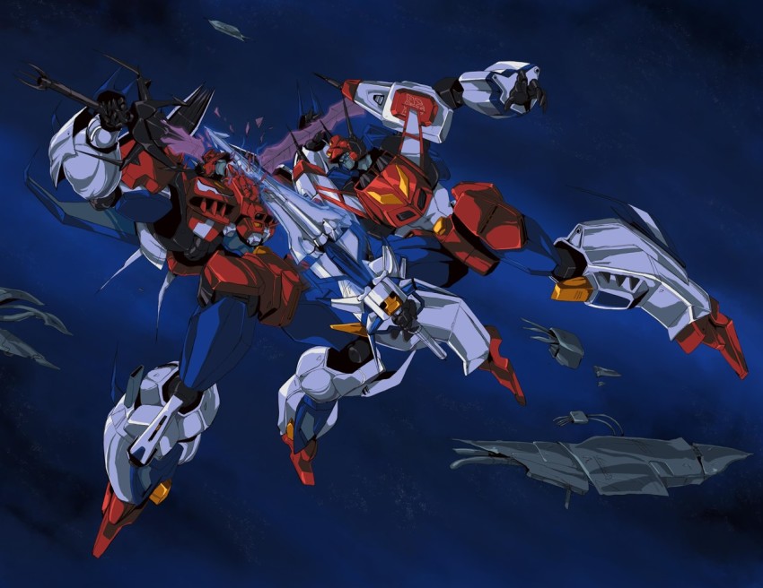 1980s_(style) autobot blue_eyes clenched_hand commentary dark_star_saber dual_persona english_commentary fighting hinomars19 holding holding_sword holding_weapon mecha oldschool retro_artstyle robot science_fiction space star_saber_(idw) star_saber_(transformers) sword the_transformers_(idw) transformers transformers_armada transformers_prime transformers_unicron_trilogy transformers_victory weapon